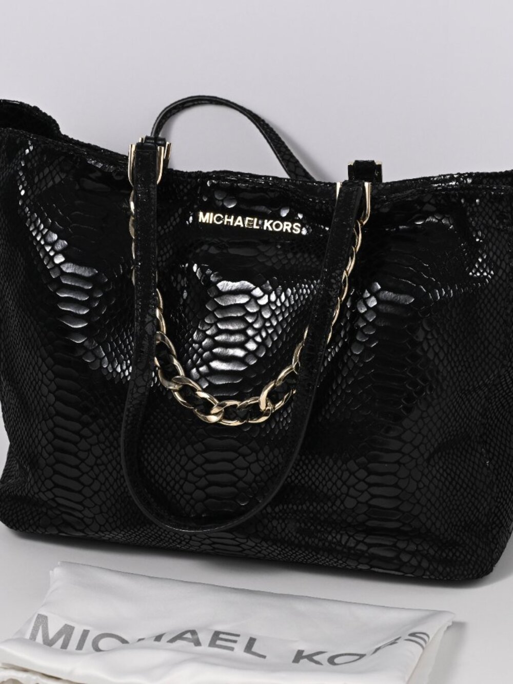 Michael Kors Harper East West black patent python tote with gold chain straps
